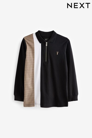 Black/Tan Brown Colourblock Long Sleeve Polo Shirt (3-16yrs) (A96444) | £14 - £19
