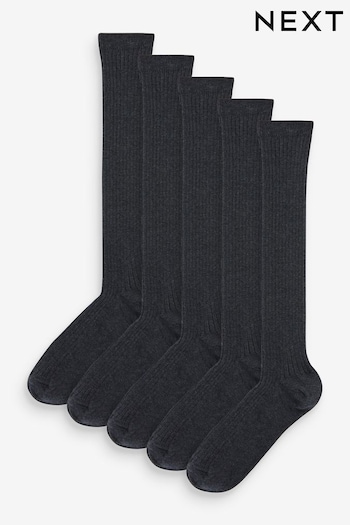 Grey Ribbed 5 Pack Cotton Rich Knee High Socks (A96691) | £8 - £10