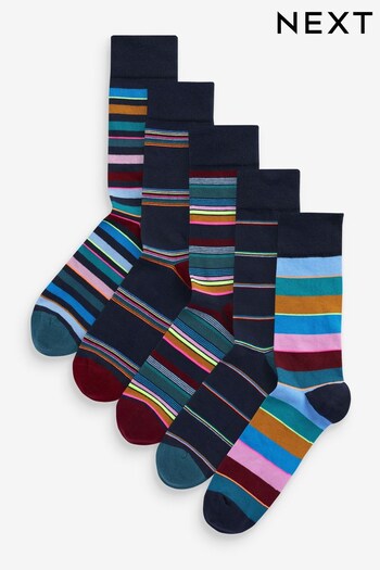 Navy Blue/Neon 5 Pack Stripe Socks (A97523) | £14
