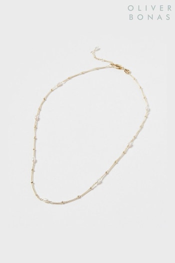 Oliver Bonas White Mila Pearl Detail Gold Plated Chain Necklace (A98195) | £45