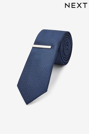 Navy Blue Slim Textured Tie And Clip Set (A98765) | £14