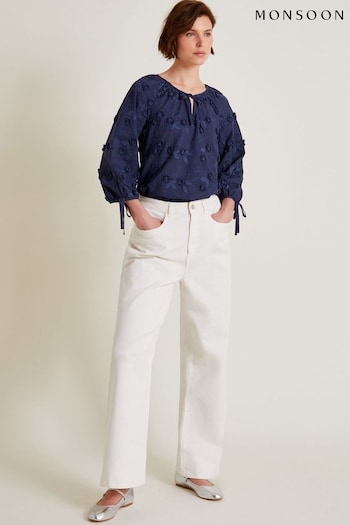 Monsoon Blue Ivy Floral Embroidered Blouson Blouse (AA0007) | £55