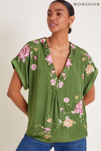 Monsoon Green Alice Floral Embroidered V-Neck Blouse (AA0013) | £65