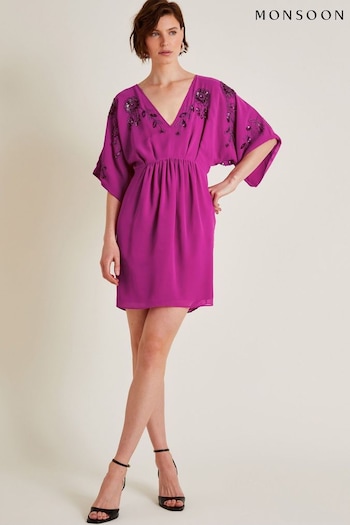 Monsoon Pink Isla Embellished Short Sleeve Mini Dress (AA0028) | £130
