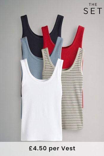 The Set Navy/Washed Blue/White/Red/Navy Stripe 5 Pack Ribbed Scoop Neck Vests (AA0287) | £22.50