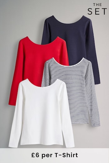 The Set Navy White Stripe/Red/Cream/Navy 4 Pack Scoop Back Long Sleeved T-Shirts (AA0296) | £26