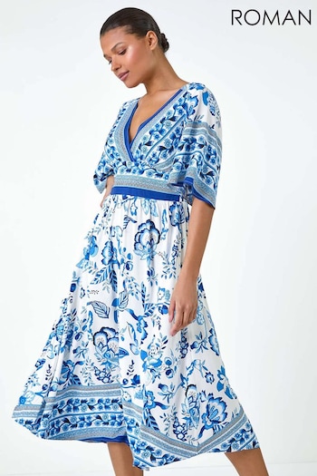 Roman Blue Floral Border Print Pocket Midi Dress (AA0882) | £45