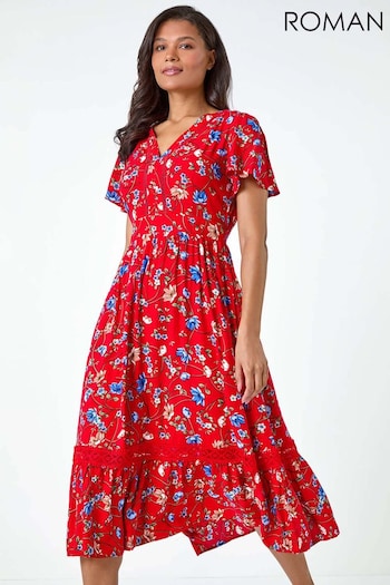 Roman Red Floral Lace Trim Pocket Midi Dress (AA0886) | £48
