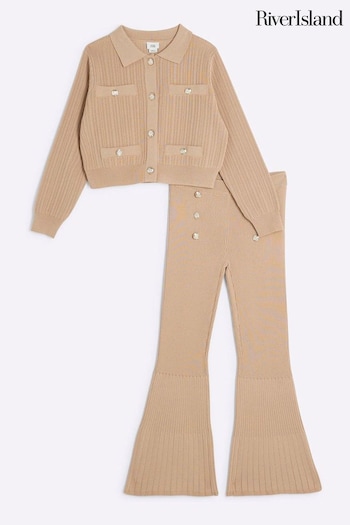 River Island Brown Girls Military 100% Cotton Rib Top and Flare Trousers Set (AA1113) | £38