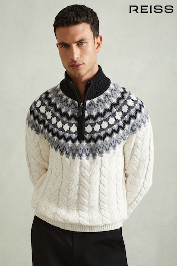 Reiss Black/White Colorado Zipped Fair Isle Jumper with Cotton and Wool (AA2019) | £148