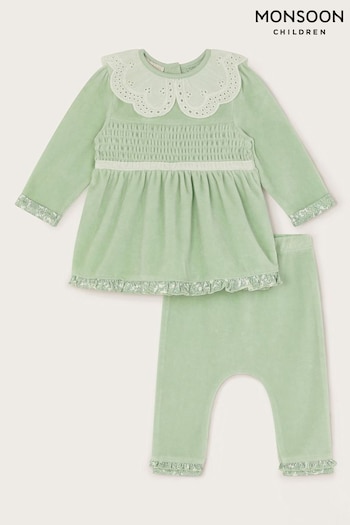 Monsoon Blue Newborn Shirred Velour Top and Leggings Set (AA2082) | £24