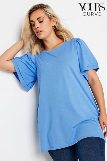 Yours Curve Blue Double Frill Angel Sleeve Plain Top (AA2716) | £19