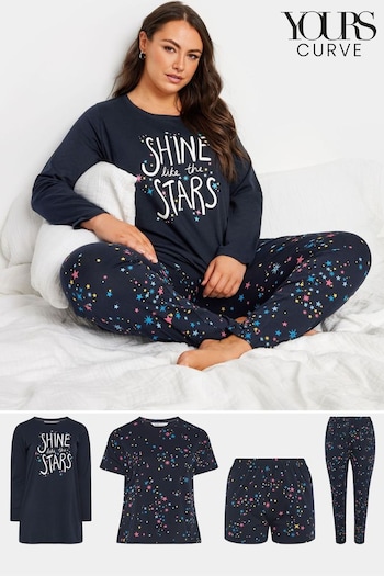 Yours Curve Blue Multicolour Stars Long Sleeve 100% Cotton Pyjamas Set 4 Pack (AA2743) | £45