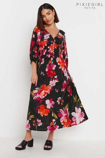 PixieGirl Petite Black Floral Tea Midi Dress (AA3146) | £39