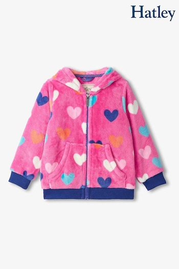 Hatley Pink Hearts Cosy Fleece Zip Up Hoodie (AA3458) | £35