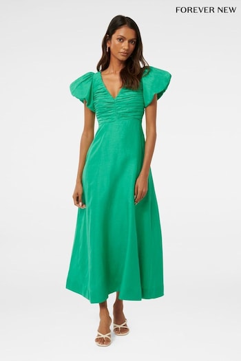 Forever New Green Pure Linen June Petite Ruched Midi Dress (AA4888) | £130