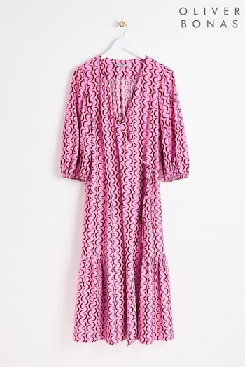 Oliver Bonas Pink Crescent Print Wrap Midi Dress (AA5080) | £80