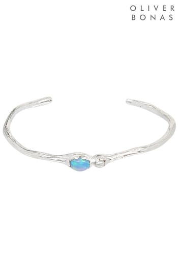 Oliver Bonas Silver Mary Synthetic Opal & Pearl Molten Textured Silver Plated Bangle (AA5219) | £55