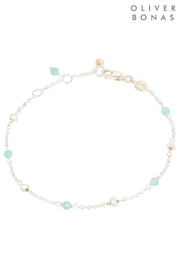 Oliver Bonas Silver Sabrina Amazonite & Pearl Beaded Chain Bracelet (AA5222) | £42