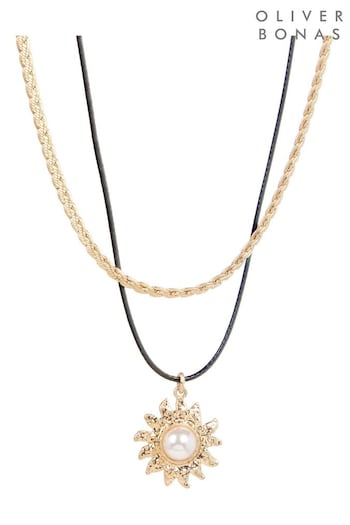 Oliver Bonas Gold Tone Melody Sunburst Faux Fur Pearl Cord and Chain Pendant Necklace (AA5229) | £26