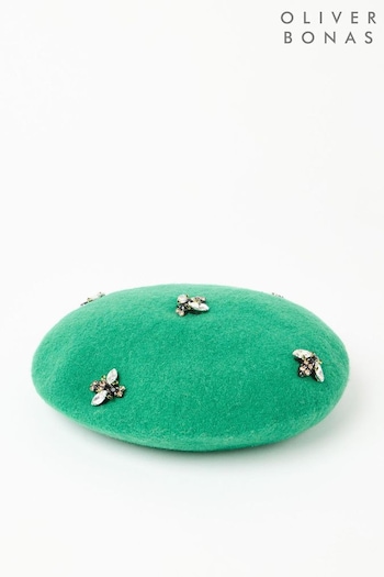 Oliver Bonas Green Wool Blend Bee Beret Hat (AA5265) | £28