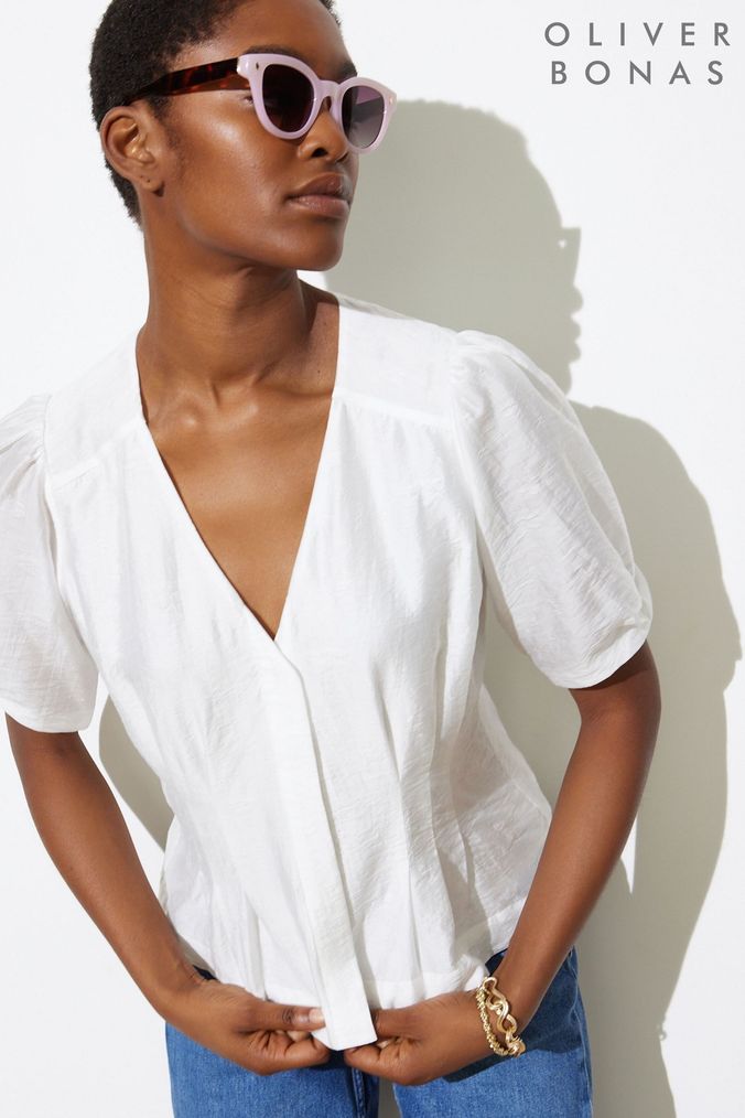 Buy Women s Short Sleeve Puff Sleeve V Neck Tops Online Next UK