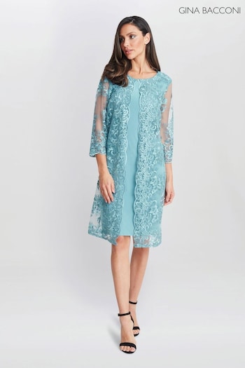 Gina Bacconi Blue Jill Embroidered Lace Mock Jacket Dress (AA5313) | £299