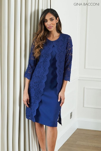 Gina Bacconi Blue Clarabelle Mock Lace Jacket And Crepe Dress (AA5319) | £320