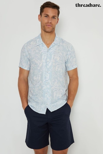 Threadbare Blue Stripe Geo Print Revere Collar Short Sleeve Shirt (AA6336) | £24