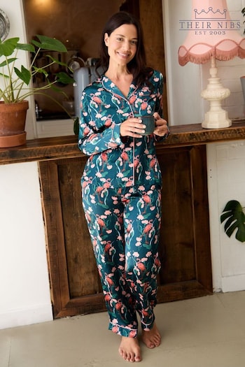 Their Nibs Navy Flamingo Recycled Satin Long Traditional Pyjamas Set (AA6830) | £40