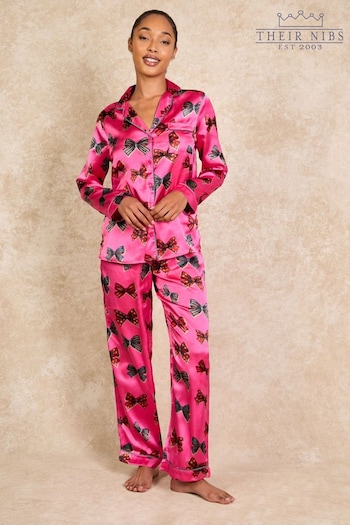 Their Nibs Hot Pink Vintage Bows Recycled Satin Traditional Long Pyjamas Set (AA6834) | £40