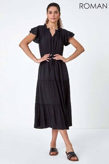 Roman Black Plain Frill Detail Tiered Midi Dress (AA7469) | £45