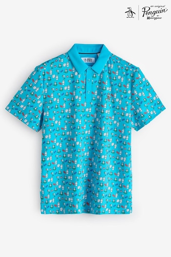 Original Penguin Golf Blue Cocktail and Cards Novelty Print Polo Shirt (AA7508) | £65