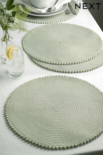 Set of 4 Sage Green Pom Pom Placemats (AA7578) | £14