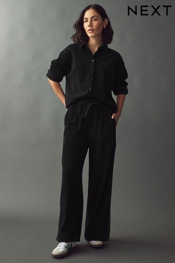 Black Side Stripe Pull-On Wide Leg Cord Trousers (AA7593) | £32