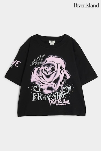 River Island Black Knitted Graffiti Rose T-Shirt (AA8545) | £14