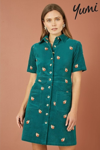 Yumi Blue Cord Shirt Dress With All Over Fox Embroidery (AA8593) | £65