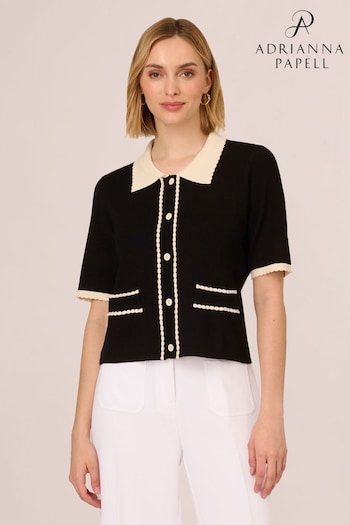 Adrianna Papell Button Front Short Sleeve Sweater With Contrast Collar (AA8623) | £49