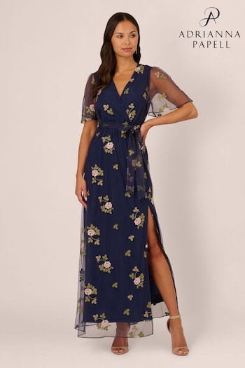 Adrianna Papell Blue Embroidered Flutter Dress (AA8628) | £169