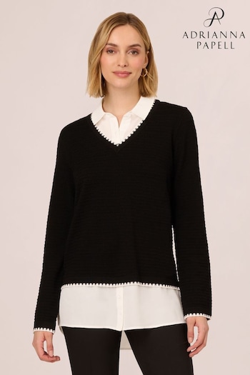 Adrianna Papell V-Neck Ottoman Stitch Long Sleeve Twofer Black Sweater (AA8641) | £49