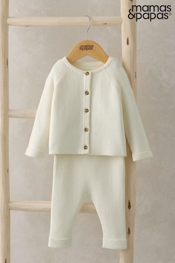 Mamas & Papas Ribbed 100% Cotton Knitted Brown Cardigan & Leggings Set (AA9474) | £29