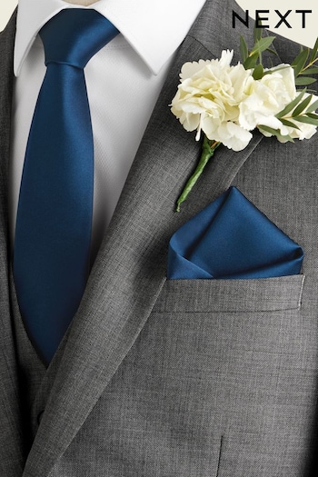 Navy Blue Slim Silk Tie And Pocket Square Set (AAD111) | £20