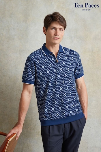 Ten Paces Navy Knitted Jacquard Regular Fit Zip Neck Polo Shirt (AB1009) | £49