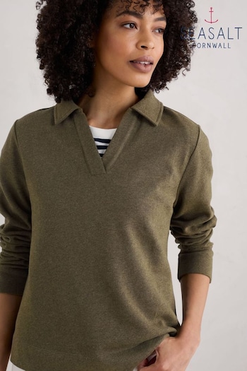 Seasalt Cornwall Green Clear Wing V-Neck Collared Sweatshirt (AB1192) | £50