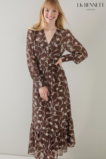 LK Bennett Green Petite Lucian Chocolate & Birch Sketchy Flower Print Tiered Dress (AB1517) | £329