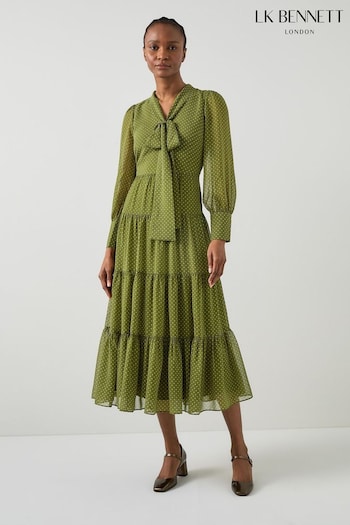 LK Bennett Green Polly Petite Birch Polka Dot Tiered Dress (AB1520) | £329