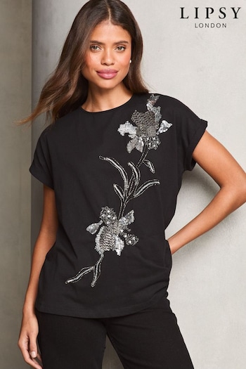 Lipsy Black Petite Embellished Artwork T-Shirt (AB1600) | £38