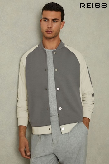 Reiss Flint Grey/Off White Pelham Colourblock Jersey Varsity Jacket (AB2292) | £128