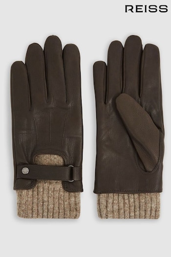 Reiss Dark Brown Sanford Leather Ribbed-Cuff Gloves (AB2300) | £110