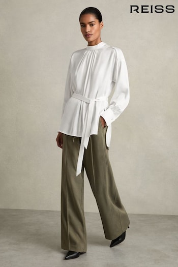 Reiss Ivory Lina Woven High-Neck Belted Blouse (AB2466) | £138